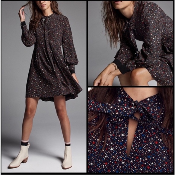Madewell Balsam Tie-Neck Dress 10 Starry Night 100% Silk USA fit & flare America - Picture 1 of 14
